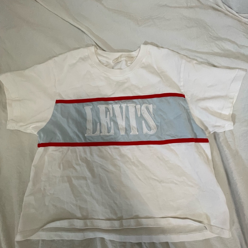 Levi's White Tee with Light Blue Chest Panel and Red Stripes